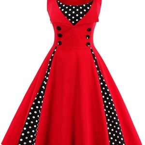 Vintage red black and white polka dot flare dress